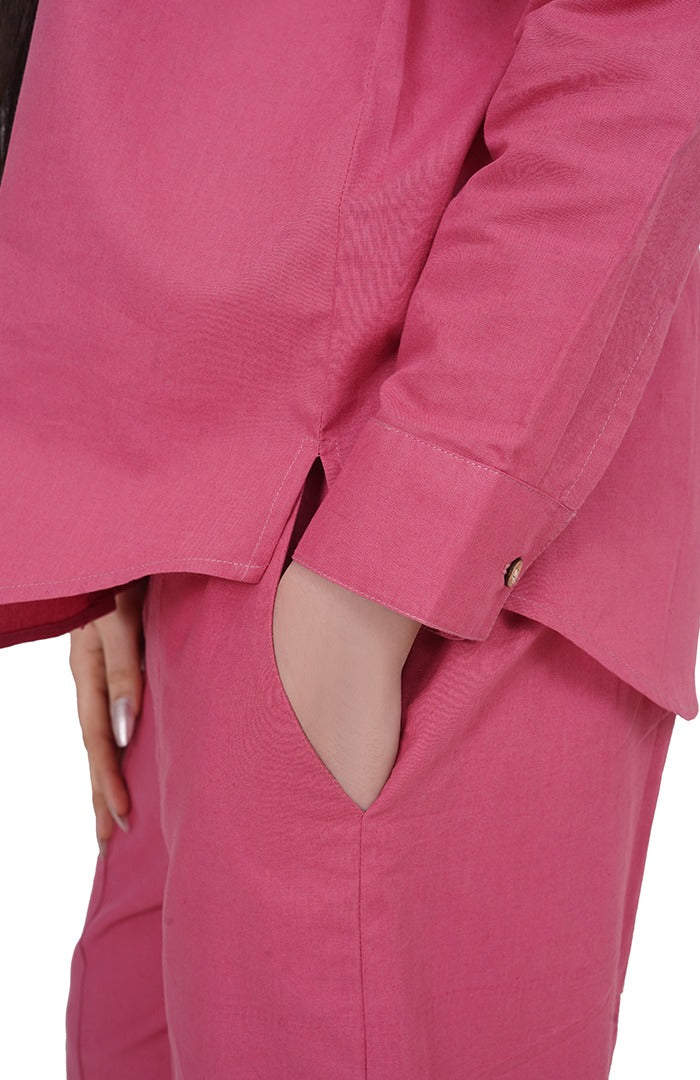 Elegant pink co-ord set women full body – comfy button-down shirt and wide-leg pants fashion Pakistan
