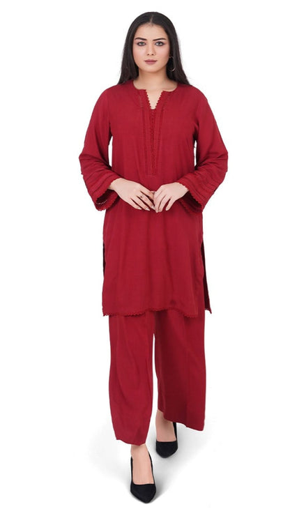 Woman wearing a red outfit on a white background
