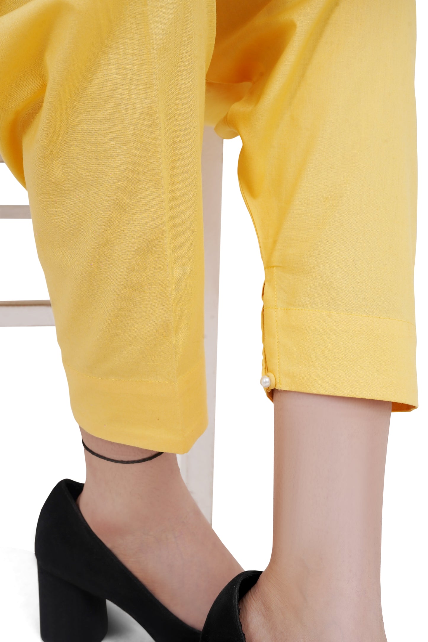 Matching bright yellow straight shalwar from cotton kurta set – comfortable women's casual bottom detail Shadow Shenaz