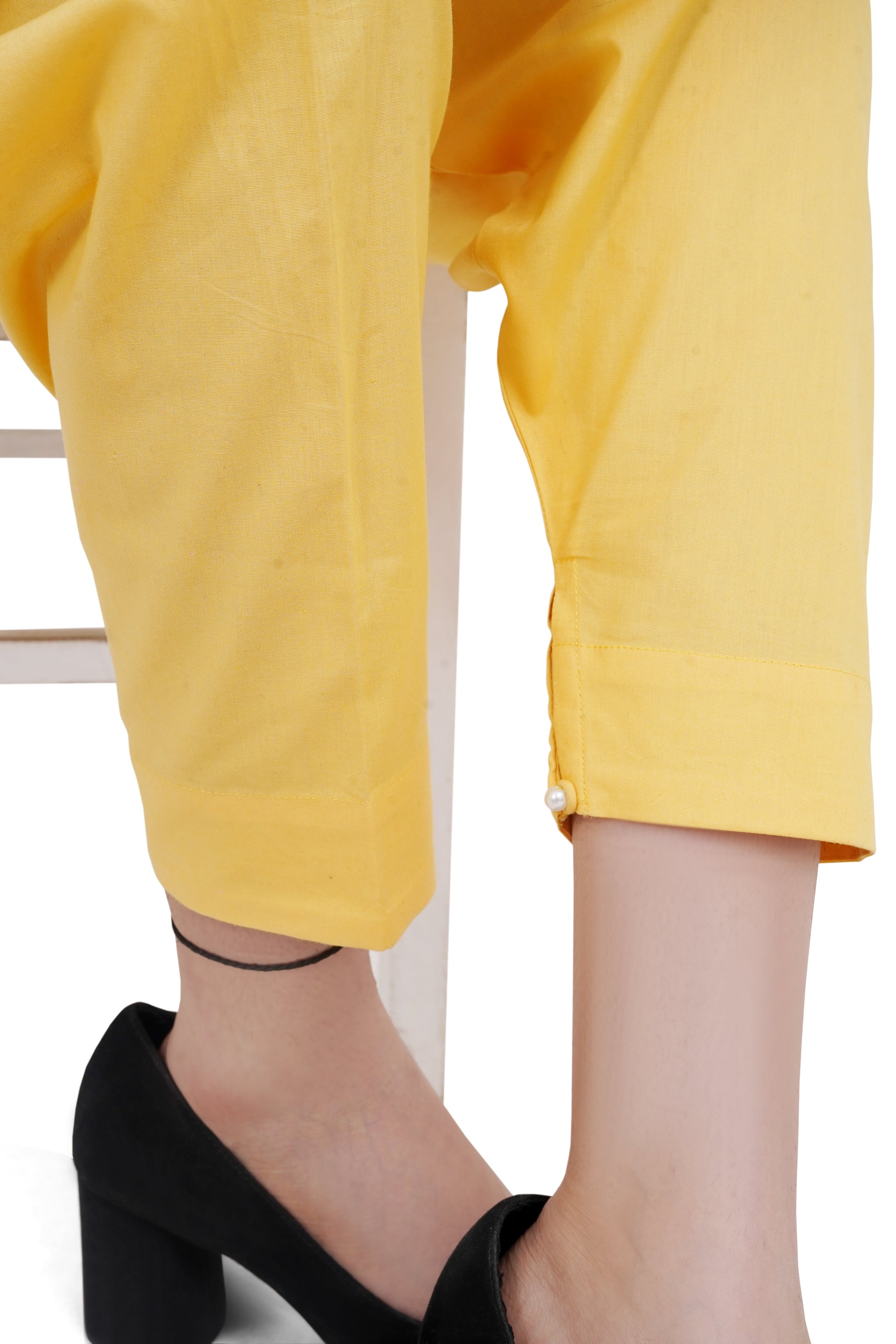 Matching bright yellow straight shalwar from cotton kurta set – comfortable women's casual bottom detail Shadow Shenaz