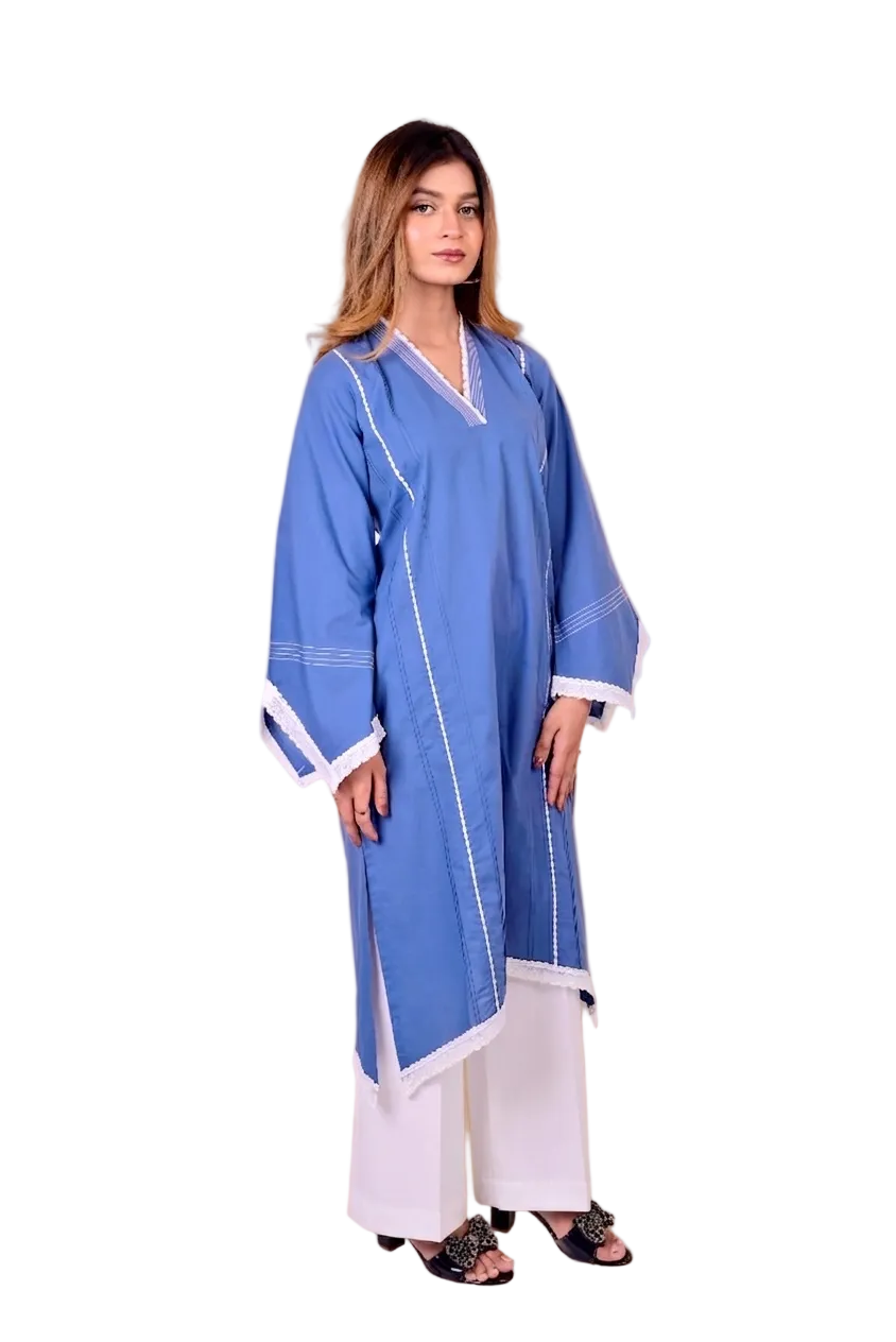 Woman wearing a blue and white traditional outfit on a white background