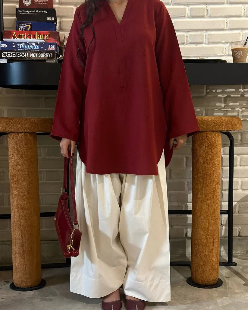 Shadow Shenaz New Arrival - Maroon kurti with off-white palazzo pants modest fashion outfit for women.