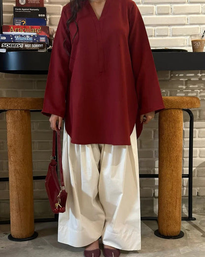 Shadow Shenaz New Arrival - Maroon kurti with off-white palazzo pants modest fashion outfit for women.