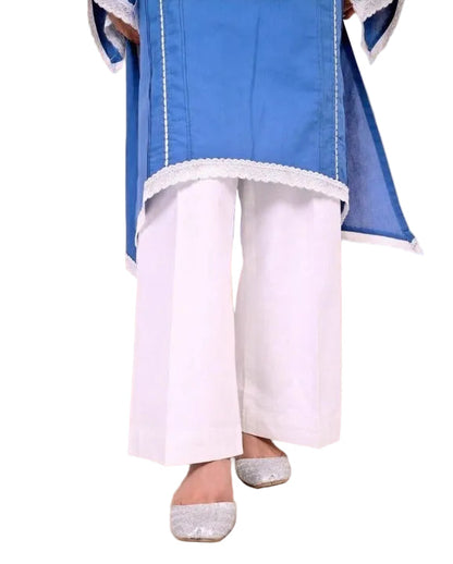 White trouser with embroidered hem from blue 2 piece casual suit – relaxed fit women's Pakistani outfit bottom detail