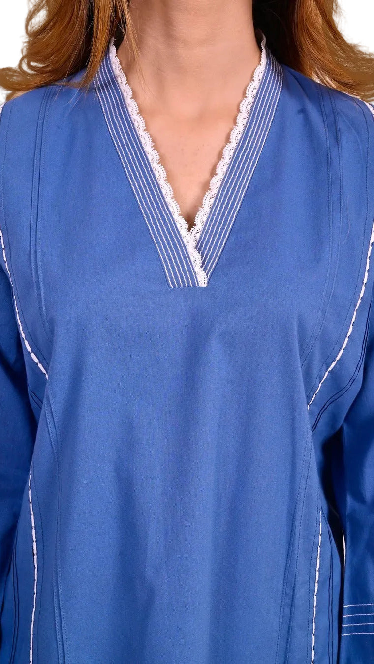 Blue kurta with delicate lace work on V-neckline and front – modern women's Pakistani casual suit close-up