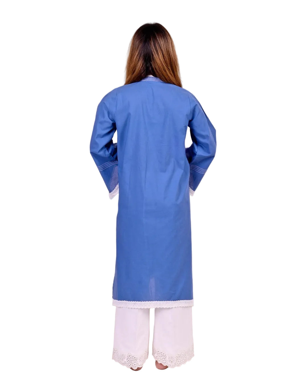 Soft vibrant blue fabric with lace accents – lightweight modern kurta trouser set for summer casual wear