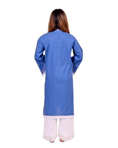 Soft vibrant blue fabric with lace accents – lightweight modern kurta trouser set for summer casual wear